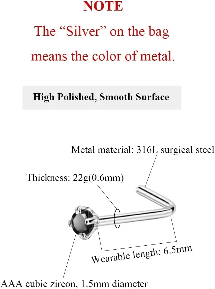 FANSING Nose Studs for Women Men L Shaped Nose Rings Surgical Steel Nostril Piercing Jewelry with Cubic Zirconia End