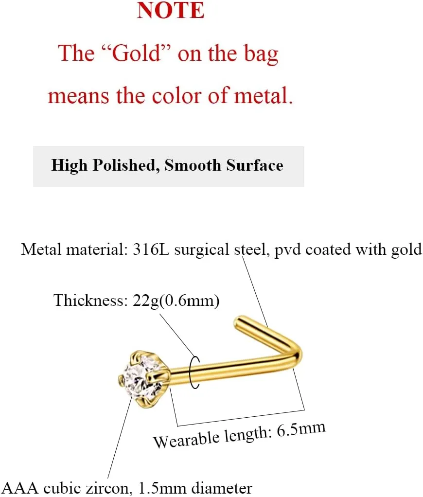 FANSING Nose Studs for Women Men L Shaped Nose Rings Surgical Steel Nostril Piercing Jewelry with Cubic Zirconia End