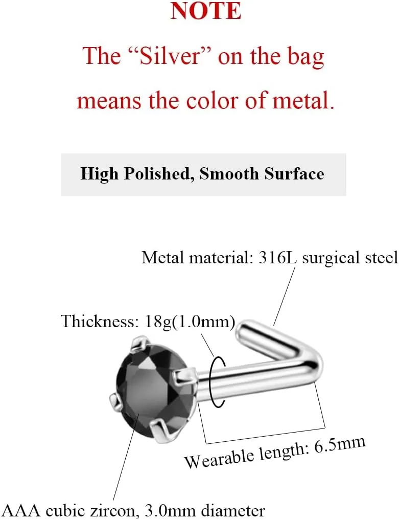 FANSING Nose Studs for Women Men L Shaped Nose Rings Surgical Steel Nostril Piercing Jewelry with Cubic Zirconia End