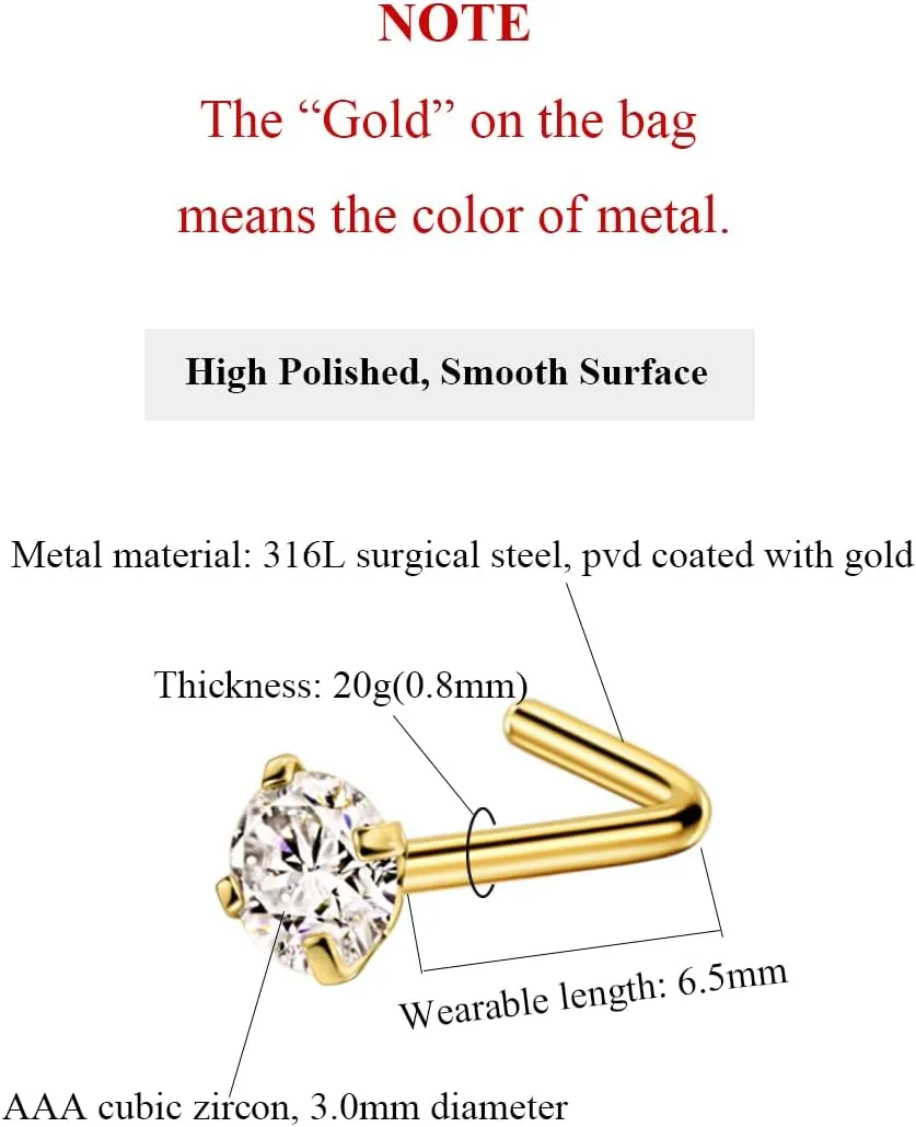 FANSING Nose Studs for Women Men L Shaped Nose Rings Surgical Steel Nostril Piercing Jewelry with Cubic Zirconia End
