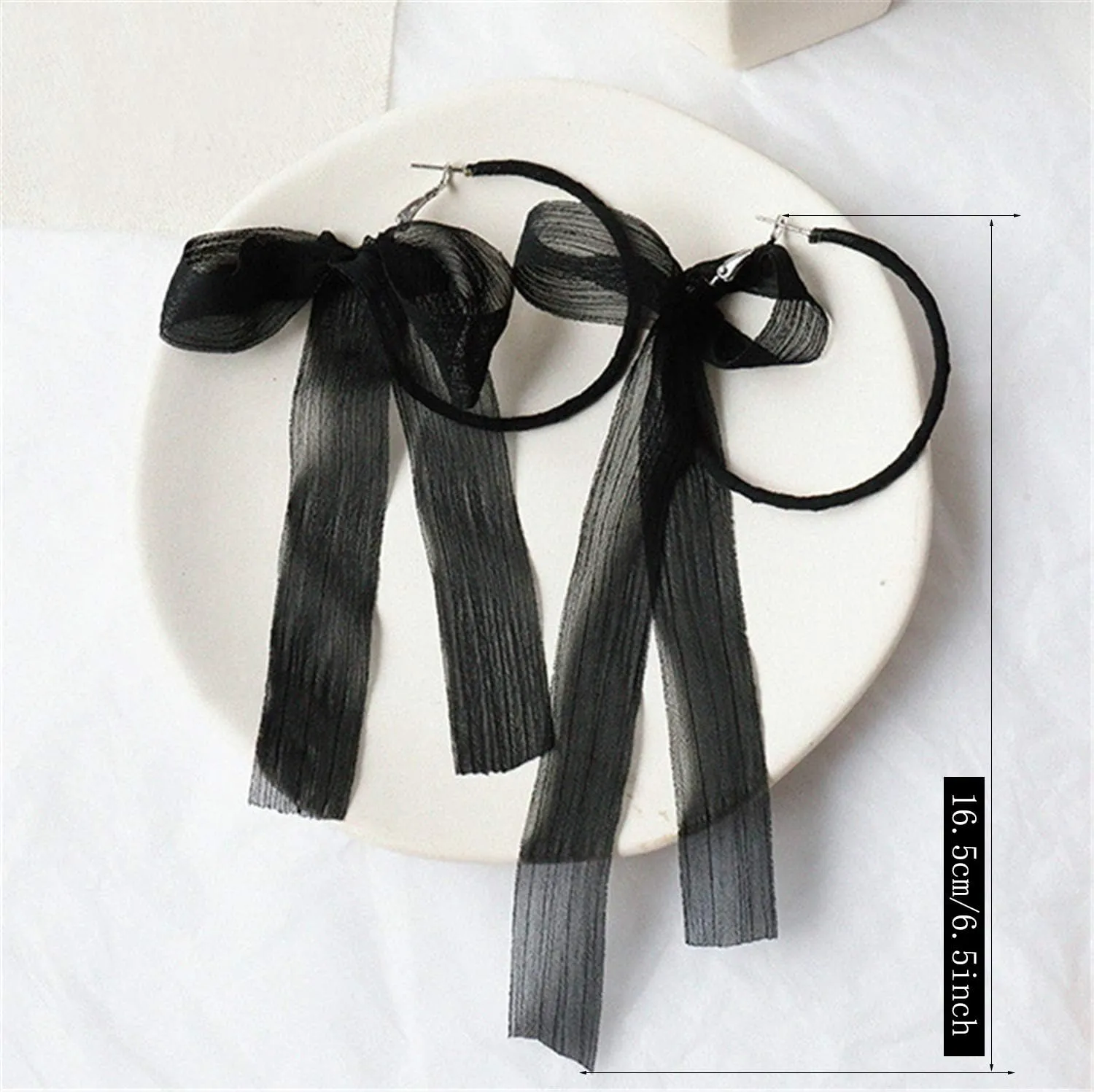 Fashion Lightweight Handmade Black Beaded Hoop Earrings Unique Long Ribbon Bow Tassel Dangle Drop Earrings Jewelry for Women Girls