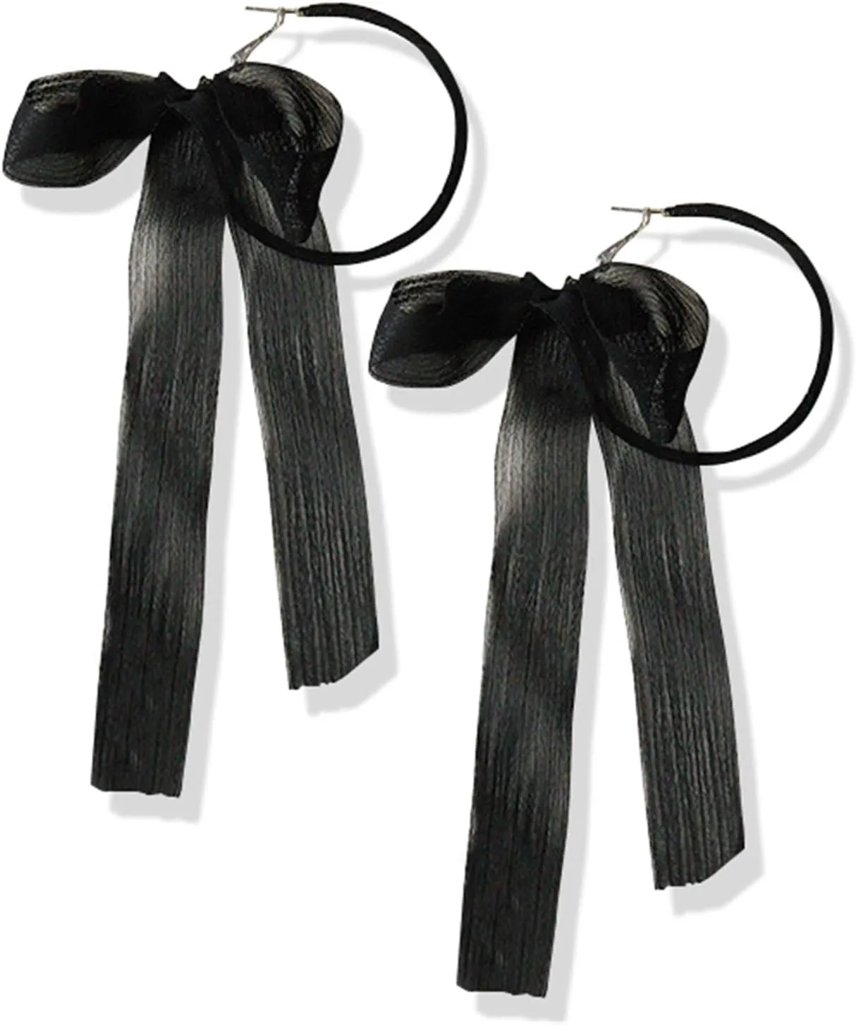 Fashion Lightweight Handmade Black Beaded Hoop Earrings Unique Long Ribbon Bow Tassel Dangle Drop Earrings Jewelry for Women Girls