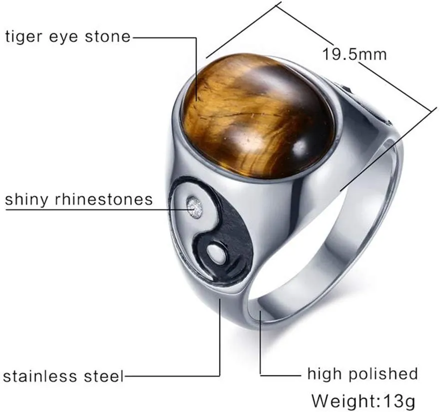 Fashion Month Vintage Mens Oval Tiger Eye Stone Bagua Balance Engagement Ring Yin Yang Tai Chi Symbol Stainless Steel