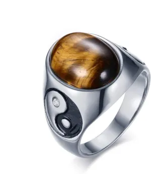 Fashion Month Vintage Mens Oval Tiger Eye Stone Bagua Balance Engagement Ring Yin Yang Tai Chi Symbol Stainless Steel