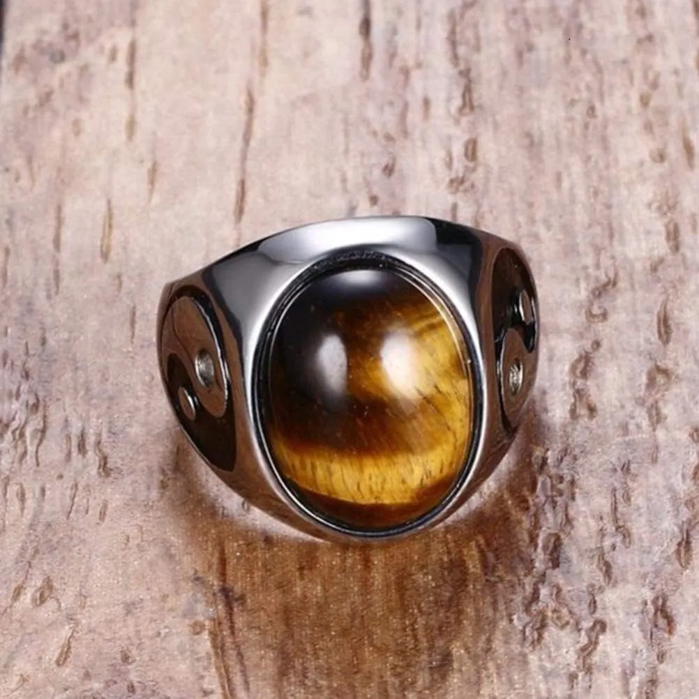 Fashion Month Vintage Mens Oval Tiger Eye Stone Bagua Balance Engagement Ring Yin Yang Tai Chi Symbol Stainless Steel