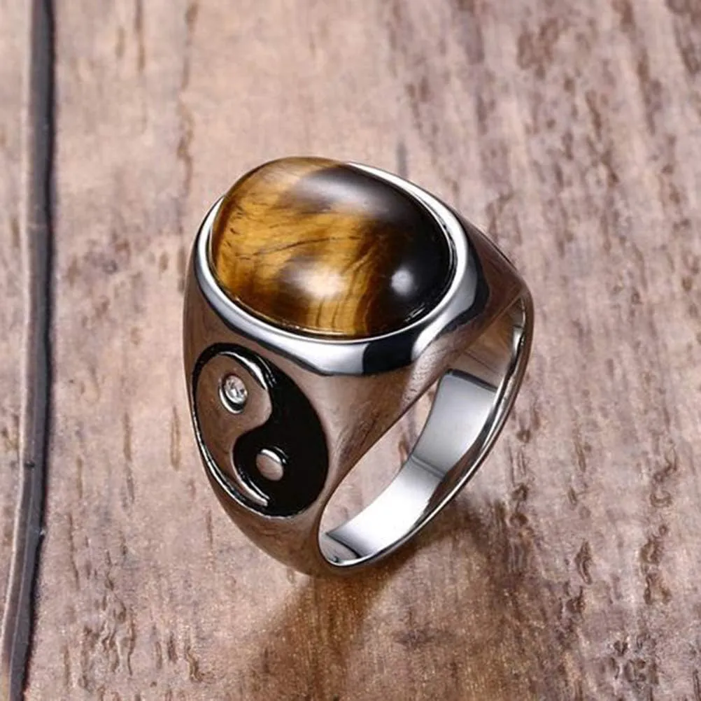 Fashion Month Vintage Mens Oval Tiger Eye Stone Bagua Balance Engagement Ring Yin Yang Tai Chi Symbol Stainless Steel