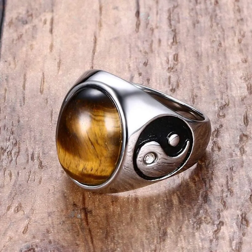 Fashion Month Vintage Mens Oval Tiger Eye Stone Bagua Balance Engagement Ring Yin Yang Tai Chi Symbol Stainless Steel