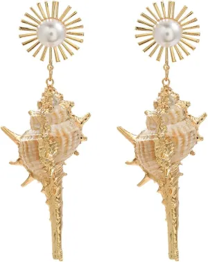 Fashion Sea Conch Dangle Drop Stud Earrings for Women Ocean Shell Snail Pearl Sun Flower Dangling 14k Golden Plated Studs Earring Exaggerated Jewelry Gifts Summer Beach Party