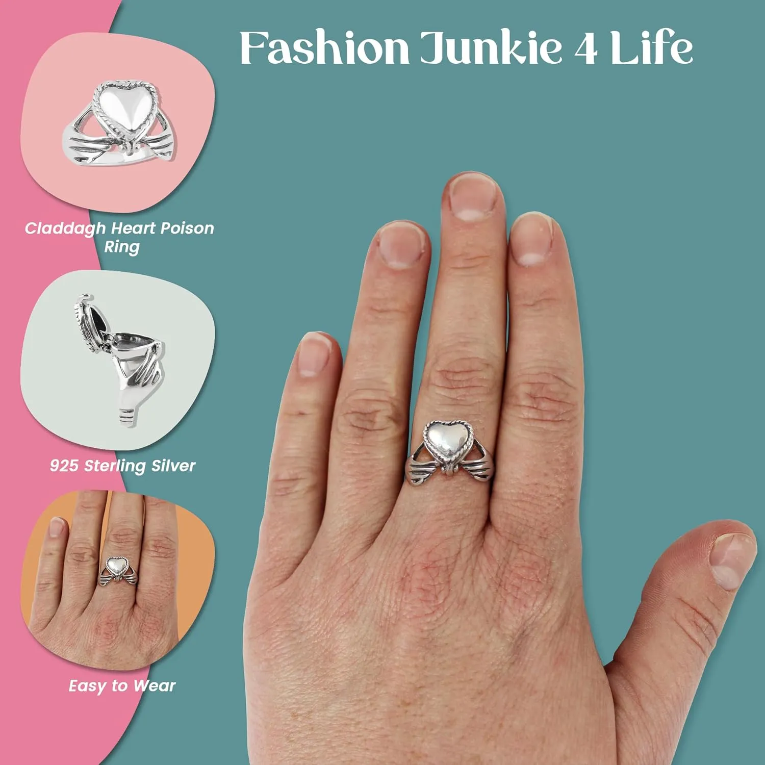 FashionJunkie4Life Sterling Silver Irish Claddagh Heart Poison Ring, Sizes 5-10, Pillbox Rings