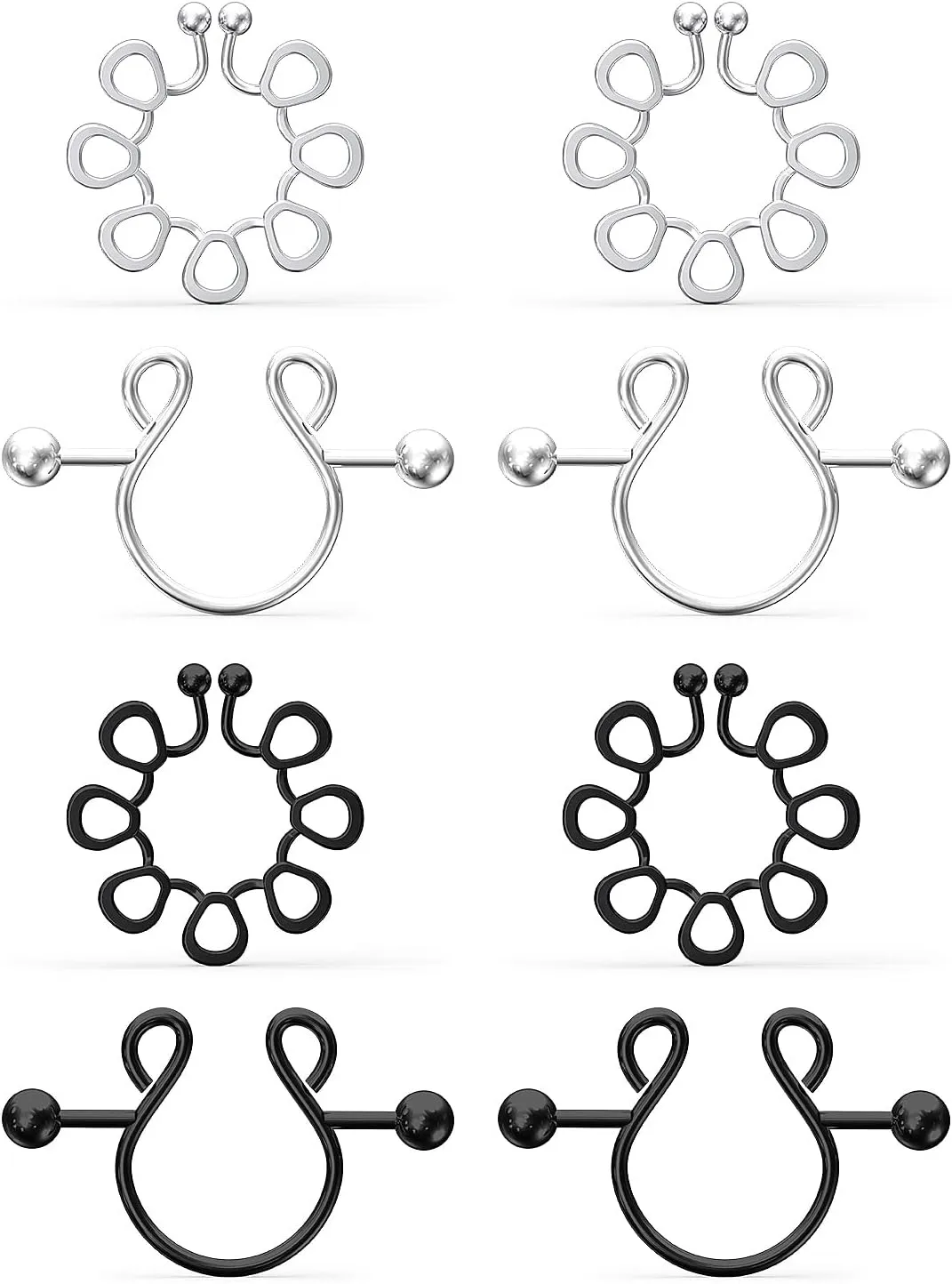 Faux Nipple Rings - Non-Piercing, 5-Piece Set With Rings and Backings