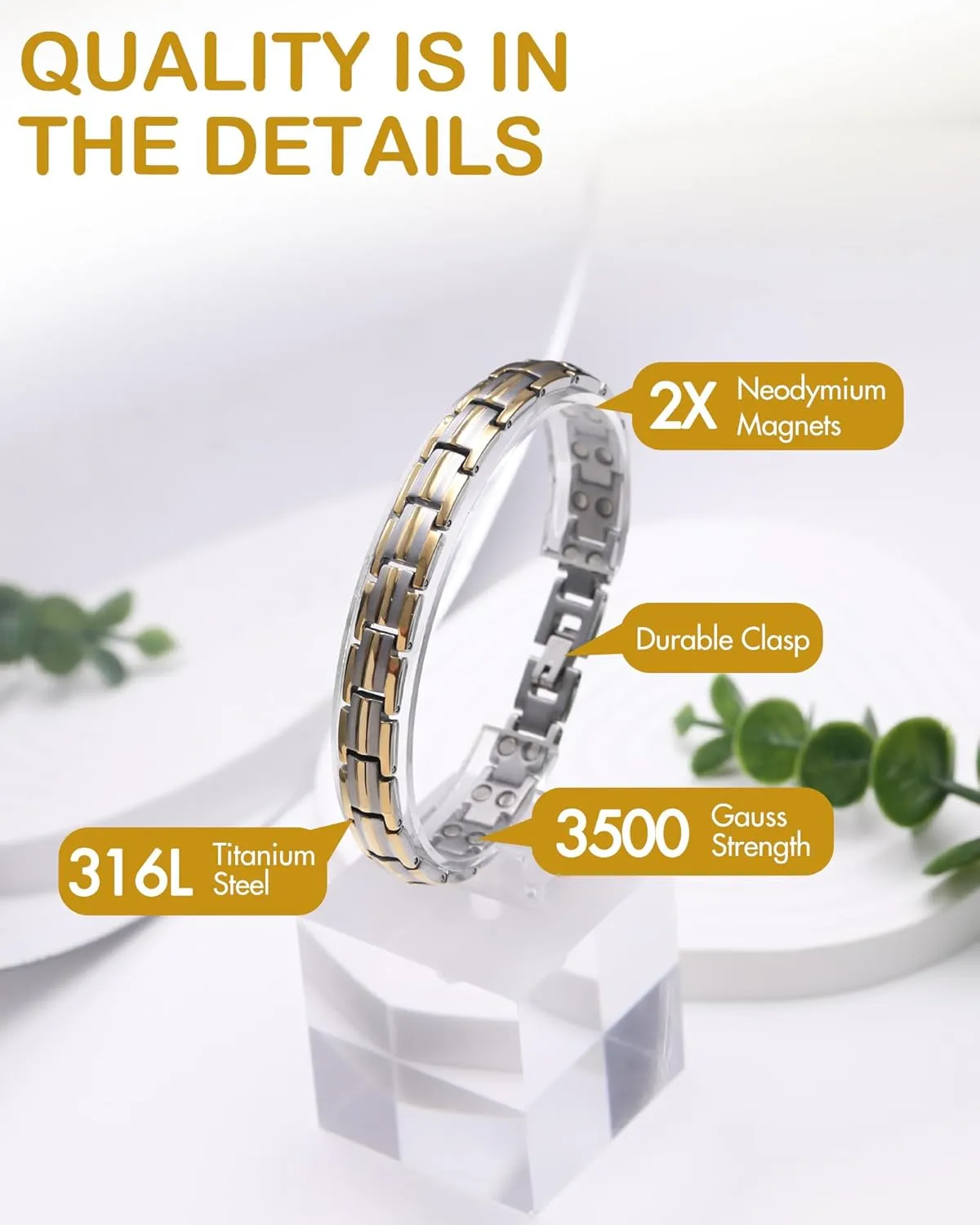 Feraco Magnetic Bracelet for Women Titanium Steel Magnetic Bracelet with Neodymium Magnets, Christmas Jewelry Gifts (8.66, 2X Strength Silver & Gold)