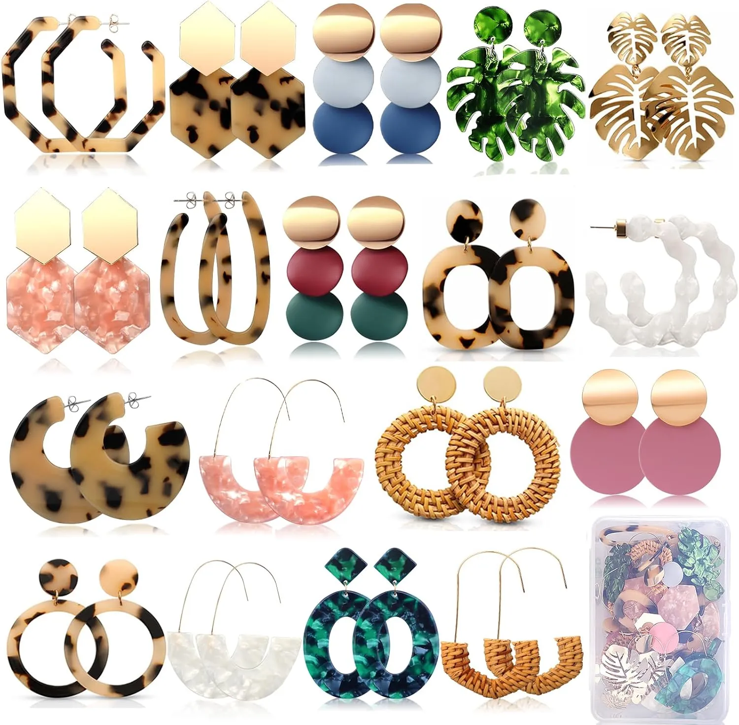 FIFATA 18 Pairs Vacation Statement Earrings for Women Straw Rattan Earrings Acrylic Resin Hoop Drop Dangle Earrings Set Hypoallergenic for Sensitive Ears