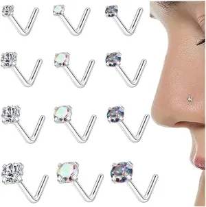 FIRAZIO 14K Gold Filled Nose Studs 316L Surgical Steel Gold Nose Rings Studs 6A CZ Simulated Diamond Corkscrew L Shaped Nose Piercing Hypoallergenic Nose Rings for Women Men 20G