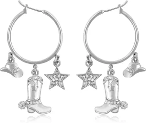 Fire Bettle Western Cowgirl Boot Hat Earrings for Women, Cute Country Western Star Boots Hat Hoop Dangle Earrings, Boho Gold Plate Statement Earrings Jewelry Gifts for Women Girls