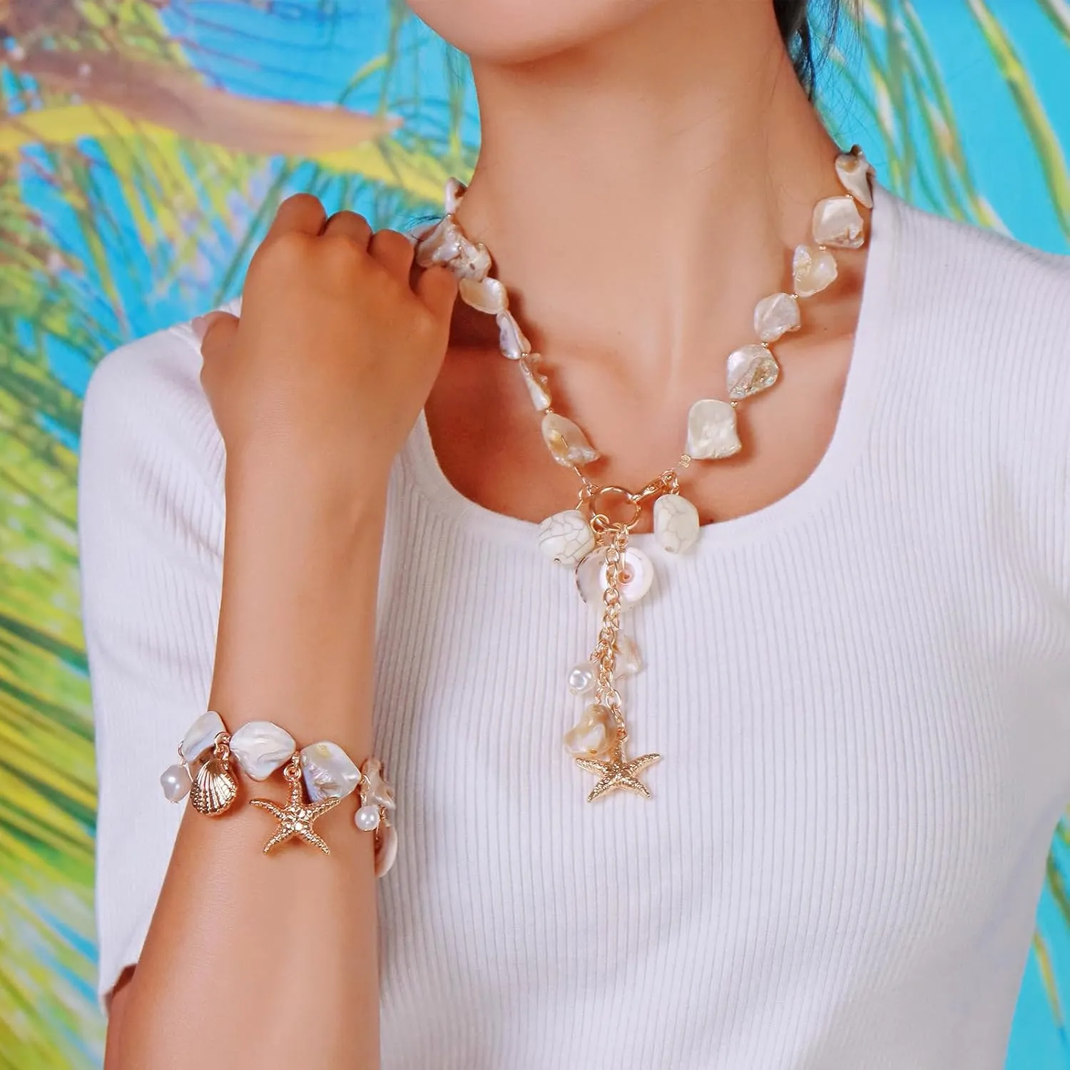 Firstmeet Natural Freshwater Shell Choker With Bracelet Pearl Starfish Turquoise Pendant Irregular Mother of Pearl Necklace Set for Women