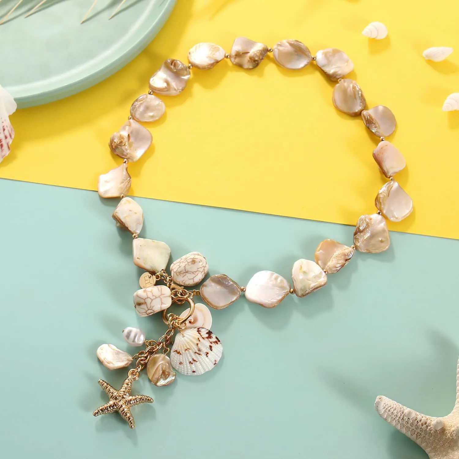 Firstmeet Natural Freshwater Shell Choker With Bracelet Pearl Starfish Turquoise Pendant Irregular Mother of Pearl Necklace Set for Women