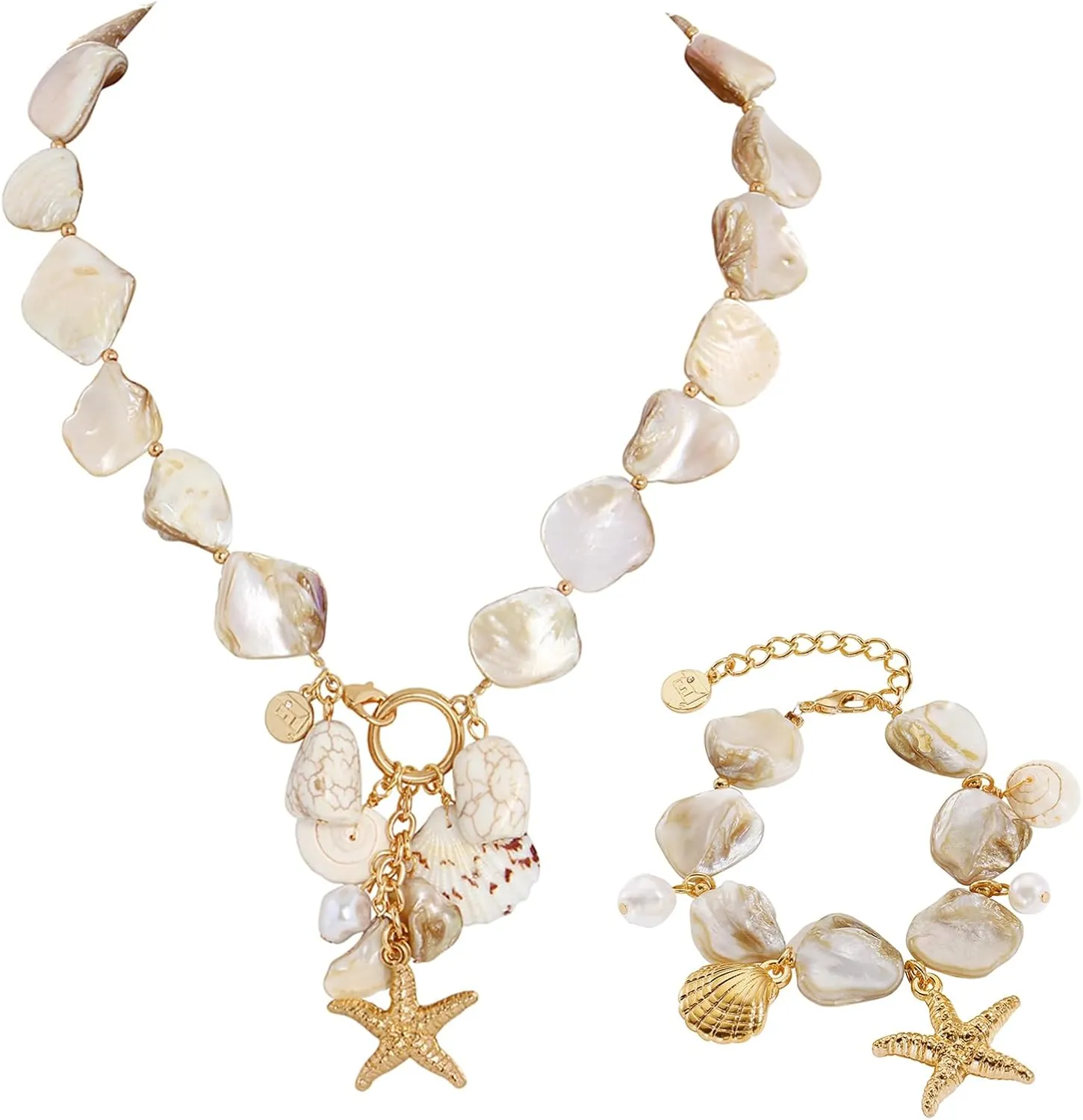 Firstmeet Natural Freshwater Shell Choker With Bracelet Pearl Starfish Turquoise Pendant Irregular Mother of Pearl Necklace Set for Women