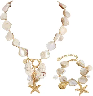Firstmeet Natural Freshwater Shell Choker With Bracelet Pearl Starfish Turquoise Pendant Irregular Mother of Pearl Necklace Set for Women