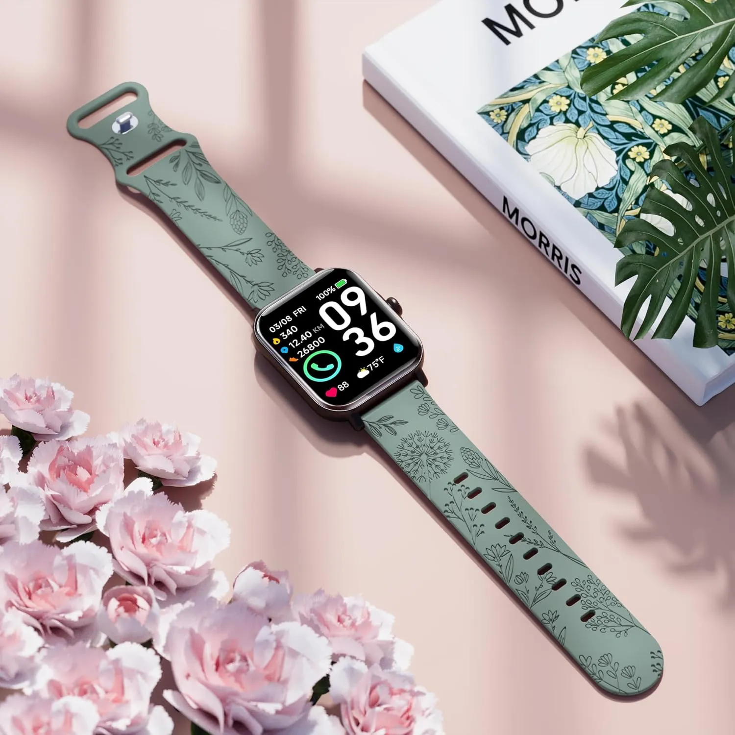 Floral engraved bands for Fitpolo IDW13, IDW16, IDW19 Smartwatch, 22mm Soft Silicone Straps for Woneligo W13/ENOMIR/TOOBUR Smartwatch Bands for Women Men