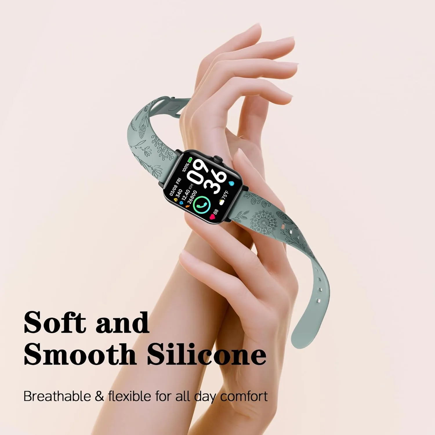 Floral engraved bands for Fitpolo IDW13, IDW16, IDW19 Smartwatch, 22mm Soft Silicone Straps for Woneligo W13/ENOMIR/TOOBUR Smartwatch Bands for Women Men