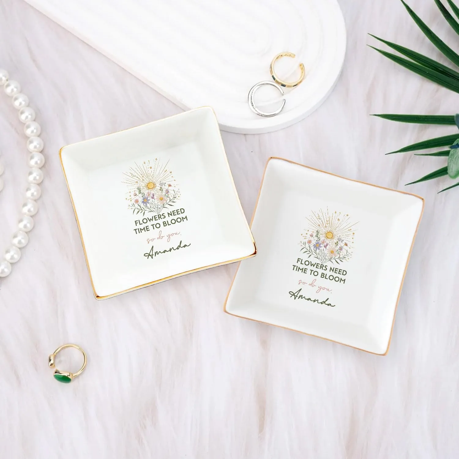 Flowers Need Time To Bloom So Do You Faith Religious Gifts Bible Verse Christian Jewelry Ring Ceramic Dish Pottery Customized Name Gift Square