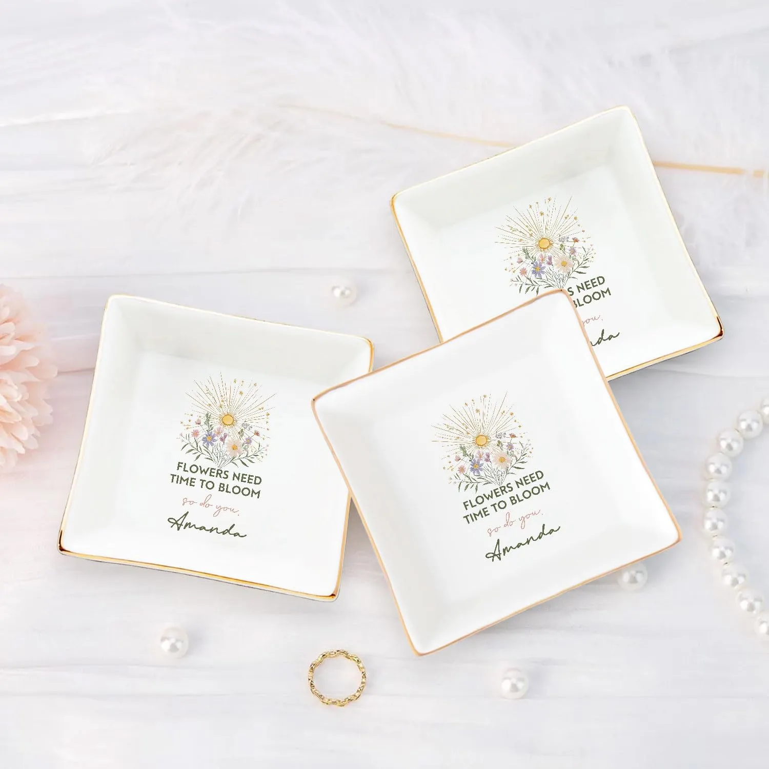 Flowers Need Time To Bloom So Do You Faith Religious Gifts Bible Verse Christian Jewelry Ring Ceramic Dish Pottery Customized Name Gift Square