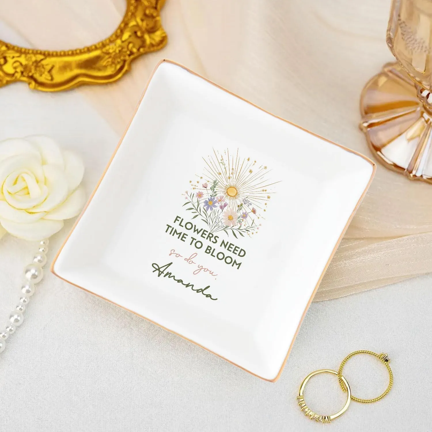 Flowers Need Time To Bloom So Do You Faith Religious Gifts Bible Verse Christian Jewelry Ring Ceramic Dish Pottery Customized Name Gift Square