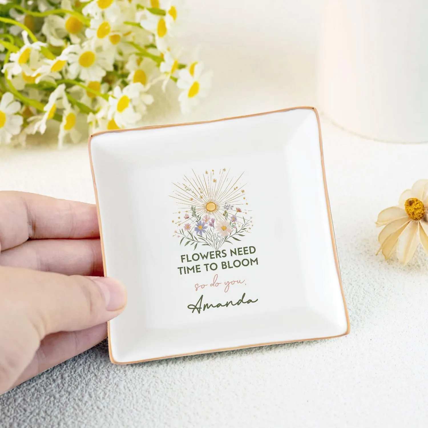 Flowers Need Time To Bloom So Do You Faith Religious Gifts Bible Verse Christian Jewelry Ring Ceramic Dish Pottery Customized Name Gift Square