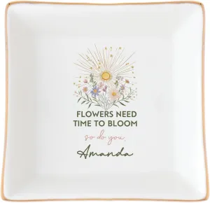 Flowers Need Time To Bloom So Do You Faith Religious Gifts Bible Verse Christian Jewelry Ring Ceramic Dish Pottery Customized Name Gift Square