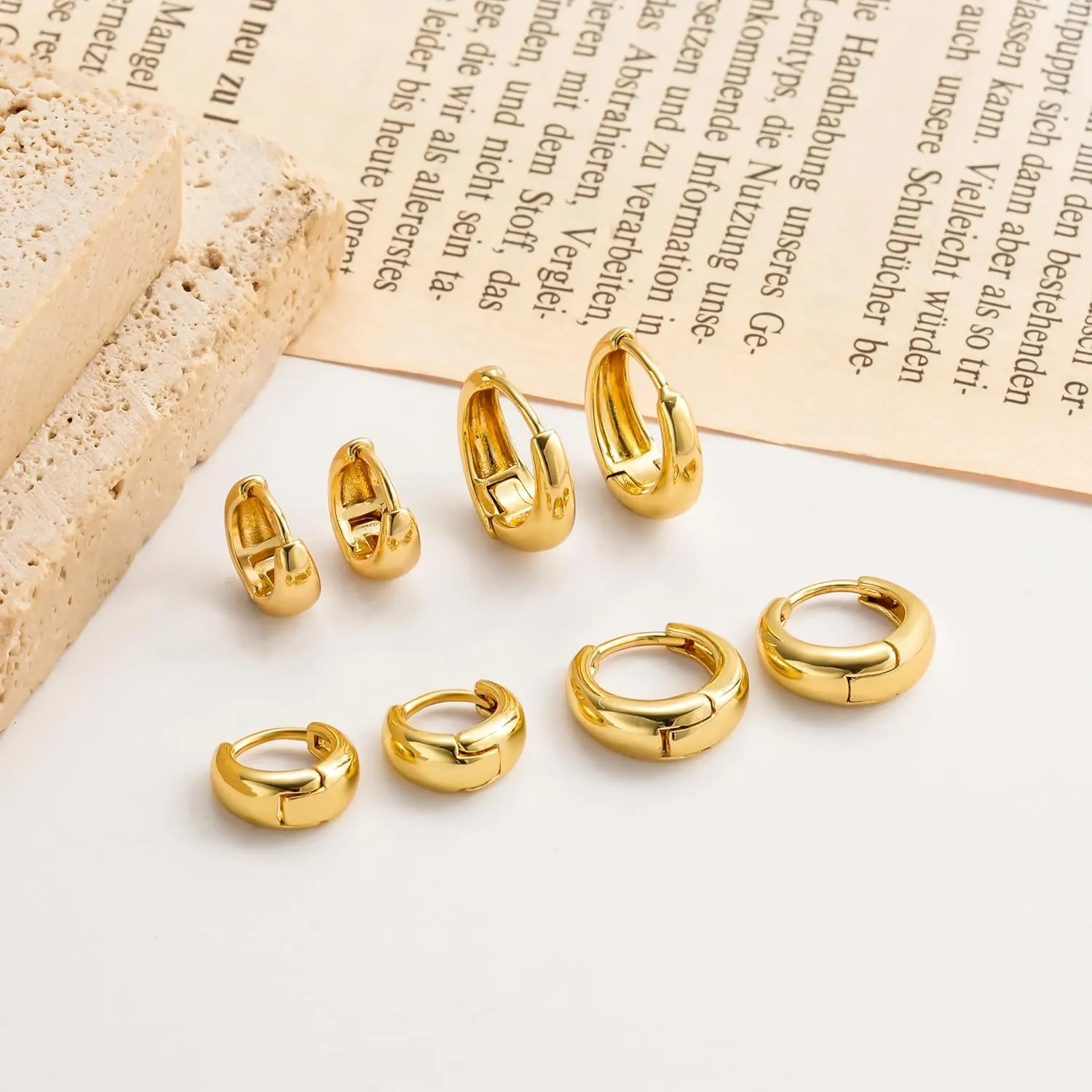 Foxgirl 4 Pairs Chunky Small Huggie Hoop Earrings for Women - Dainty 14K Gold/Sterling Silver Plated Hypoallergenic Lightweight Stack Earring Sets for Multiple Piercing Trendy Jewelry