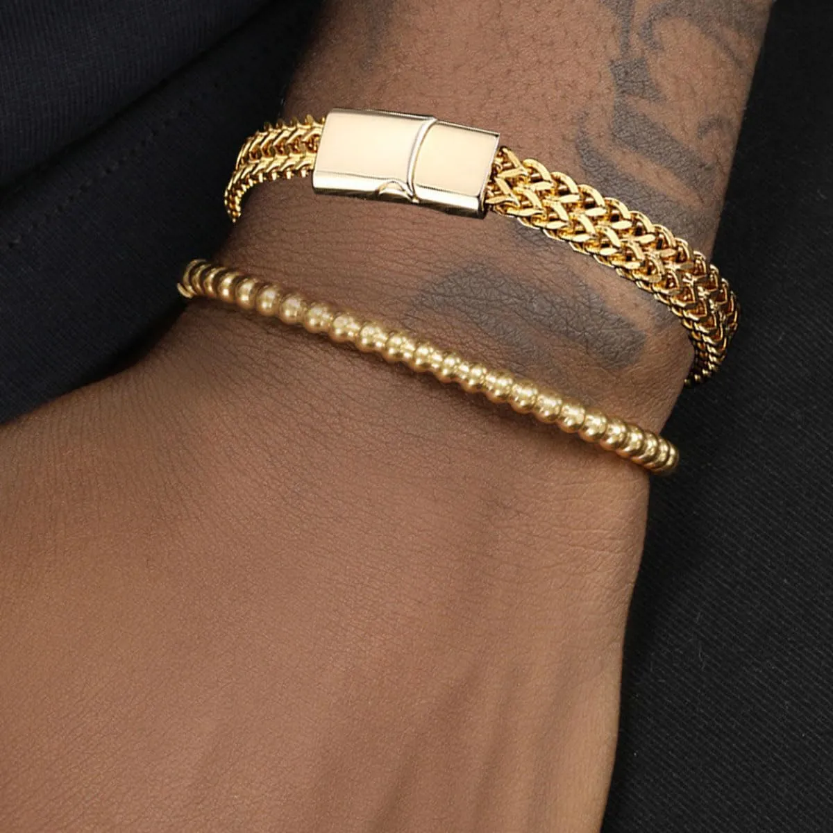 Franco Chain Bracelets for Men 14K Gold Plated Stainless Steel Band Bracelet With Metal Snap Closure Auto-Fastening