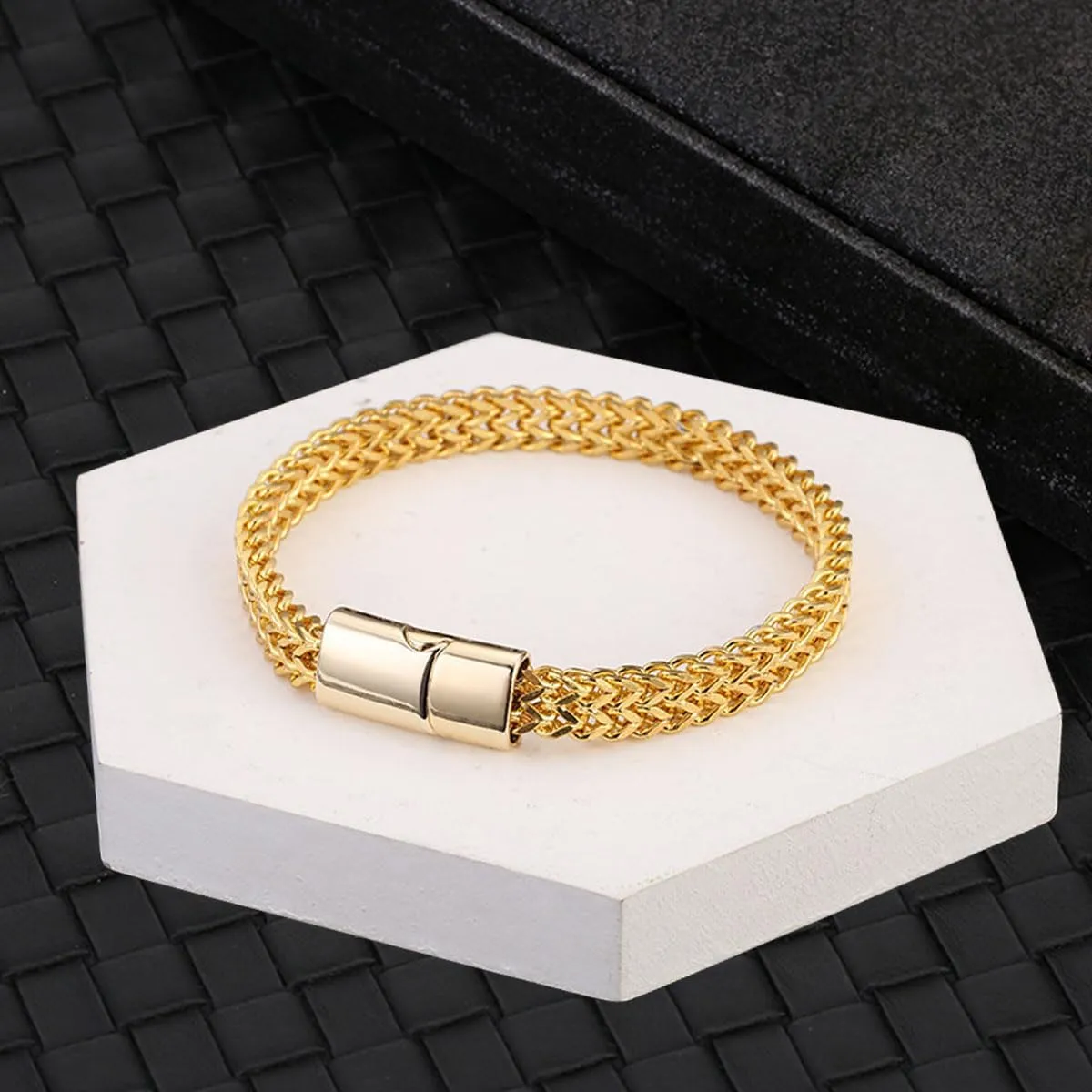 Franco Chain Bracelets for Men 14K Gold Plated Stainless Steel Band Bracelet With Metal Snap Closure Auto-Fastening