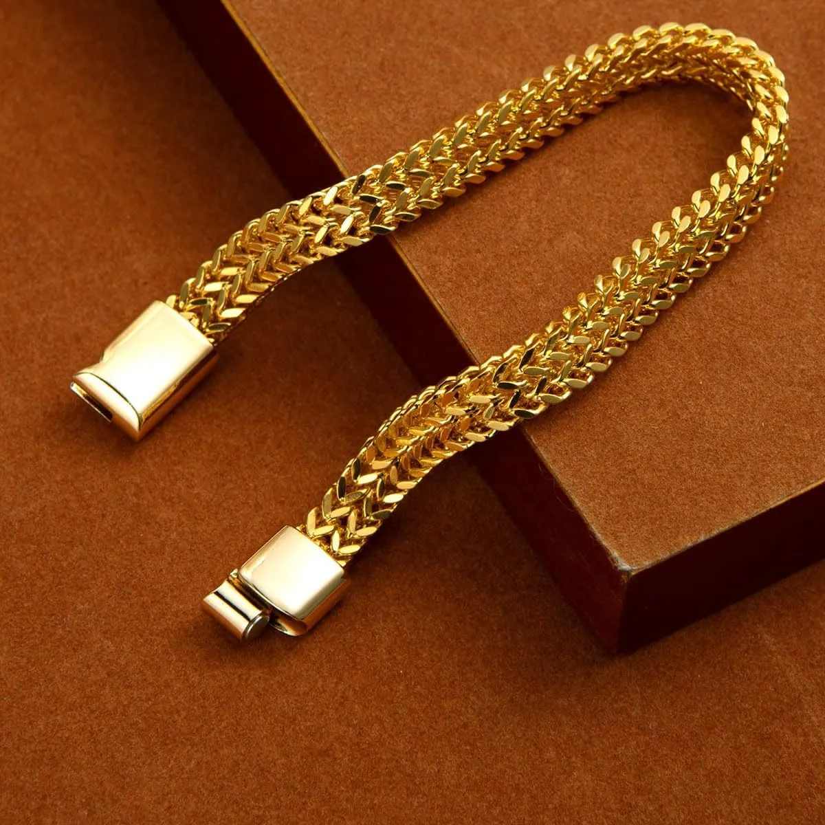 Franco Chain Bracelets for Men 14K Gold Plated Stainless Steel Band Bracelet With Metal Snap Closure Auto-Fastening