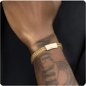 Franco Chain Bracelets for Men 14K Gold Plated Stainless Steel Band Bracelet With Metal Snap Closure Auto-Fastening