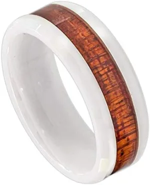 Free Personalized laser engraving Ring for Men and Ring for Women Ceramic Band Rings 8mm White Ceramic Ring with Hawaiian Koa Wood Inlay Faceted Edge Wedding Band Ring Ideal Rings for couples