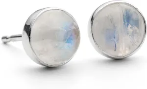 Full Moon - Large 8mm Round Rainbow Moonstone Stud Sterling Silver Earrings