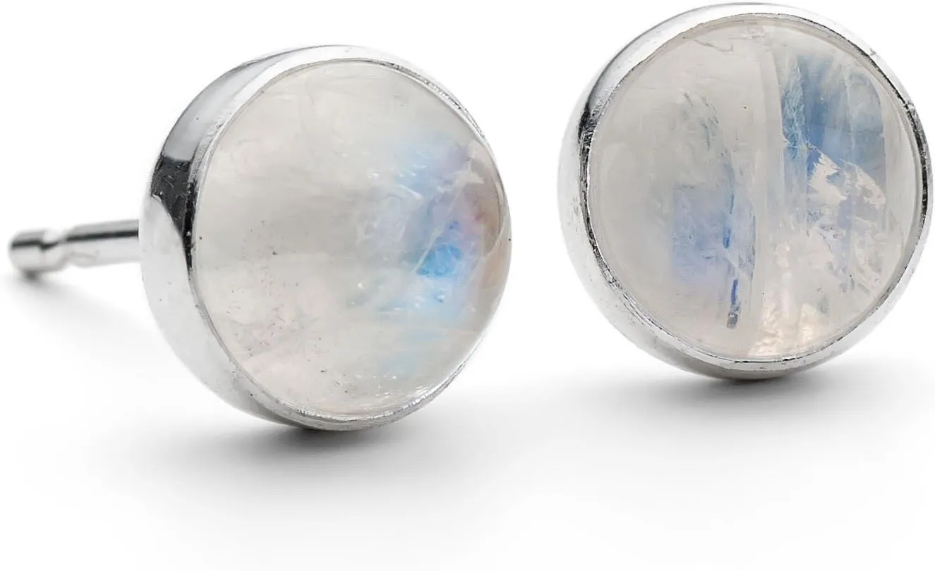 Full Moon - Large 8mm Round Rainbow Moonstone Stud Sterling Silver Earrings