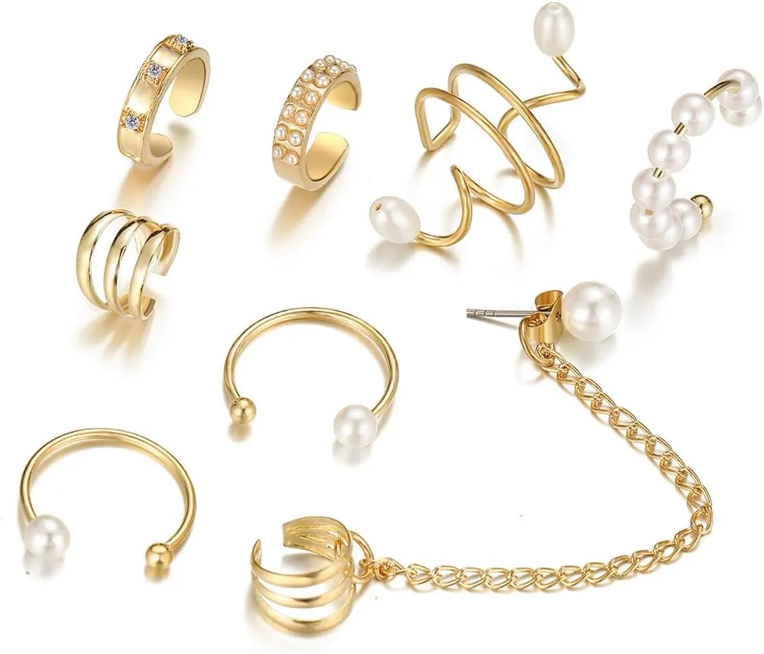 FUTIMELY Pearl Ear Cuffs Set for Women,Non Piercing Ear Cartilage Clip on Wrap Earrings Fake Earrings Adjustable Helix Ear Wraps Set Trendy Cartilage Earrings Pack