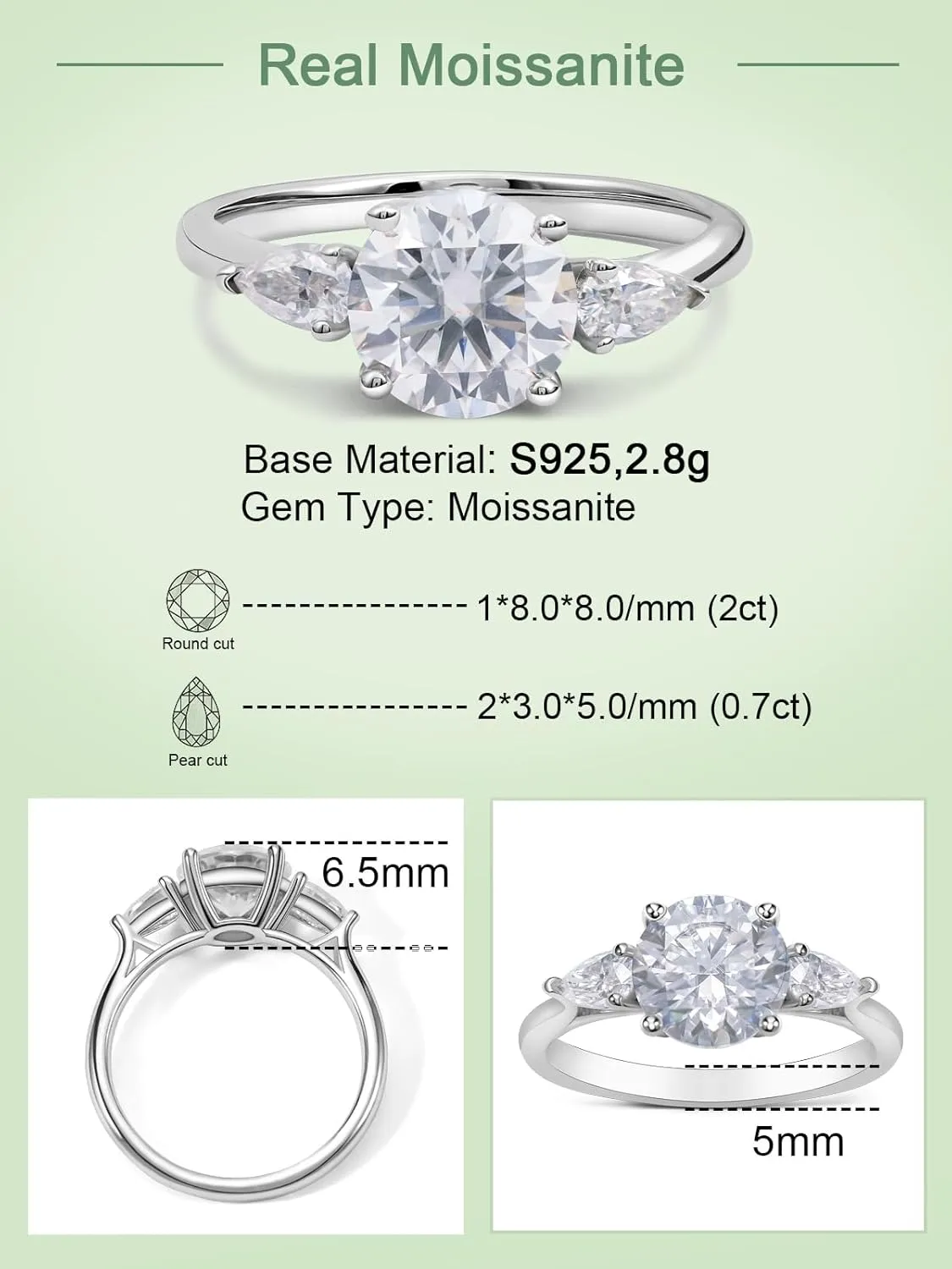FWM 2.7 Carat D Color VVS1 Moissanite Engagement Rings for Women, Round Moissanite 3 Stone Wedding Anniversary Promise Ring, Solid 925 Sterling Silver, Size 4-11