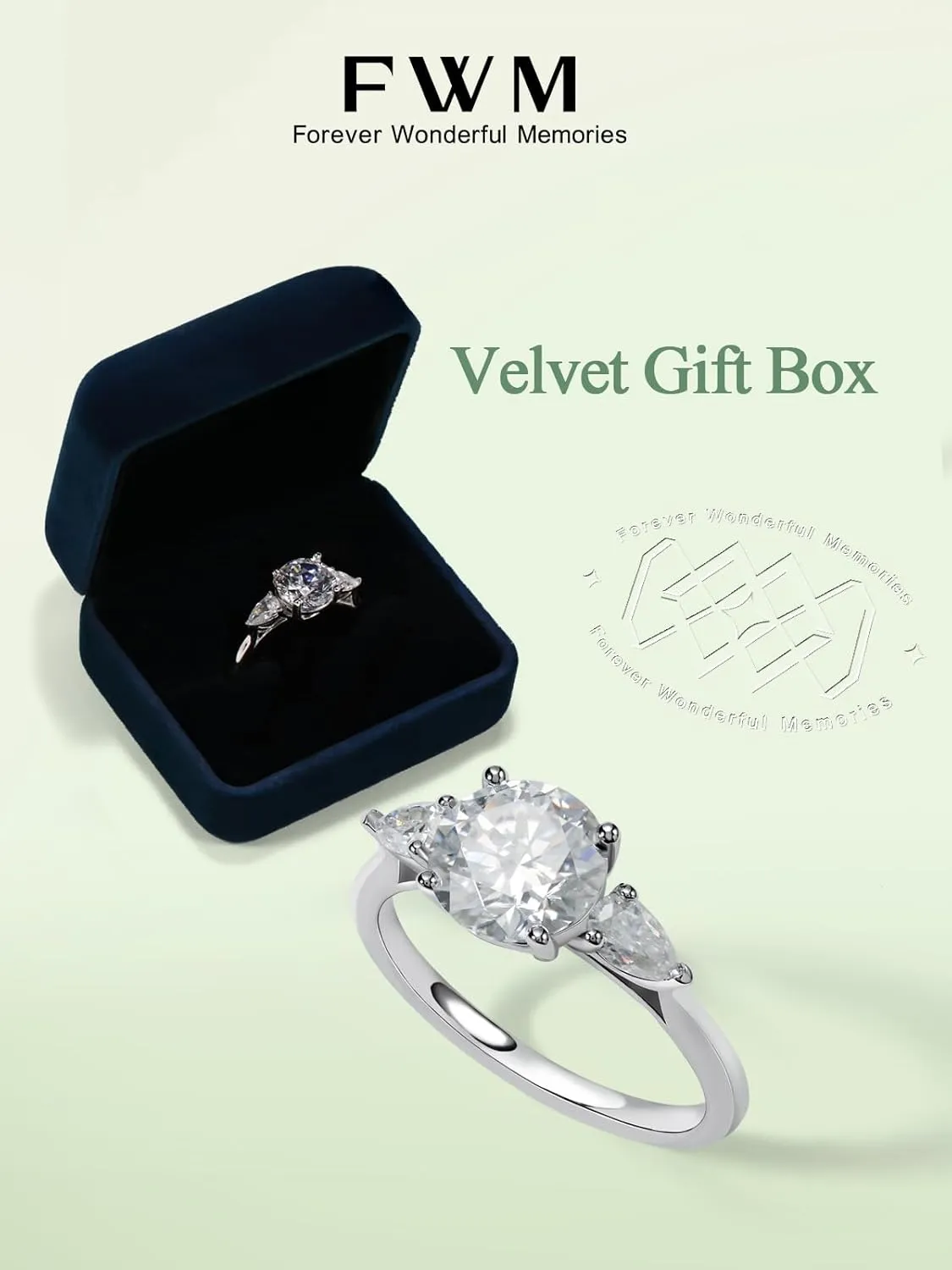 FWM 2.7 Carat D Color VVS1 Moissanite Engagement Rings for Women, Round Moissanite 3 Stone Wedding Anniversary Promise Ring, Solid 925 Sterling Silver, Size 4-11