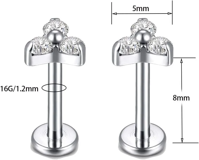 G23 Titanium Labret Studs 16G Lip Studs Earring Piercing Internally Threaded CZ Top Labret Monroe Helix Cartilage Tragus Piercing Studs