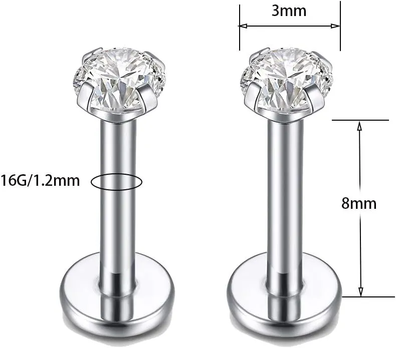 G23 Titanium Labret Studs 16G Lip Studs Earring Piercing Internally Threaded CZ Top Labret Monroe Helix Cartilage Tragus Piercing Studs