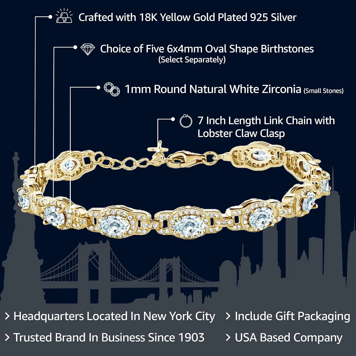 Gem Stone King 18K Yellow Gold Plated Silver Oval Gemstone Birthstone Tennis Bracelet For Women | Oval 6X4MM | 7 Inch With 1 Inch Extender | Fine Jewelry Gifts for Her Mom Women Wife