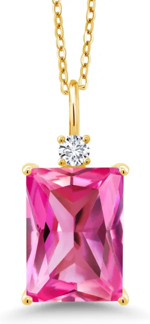 Gem Stone King 18K Yellow Gold Plated Silver Pink Created Sapphire and Lab Grown Diamond Pendant Necklace for Women | 10.10 Cttw | with 18 Inch Chain