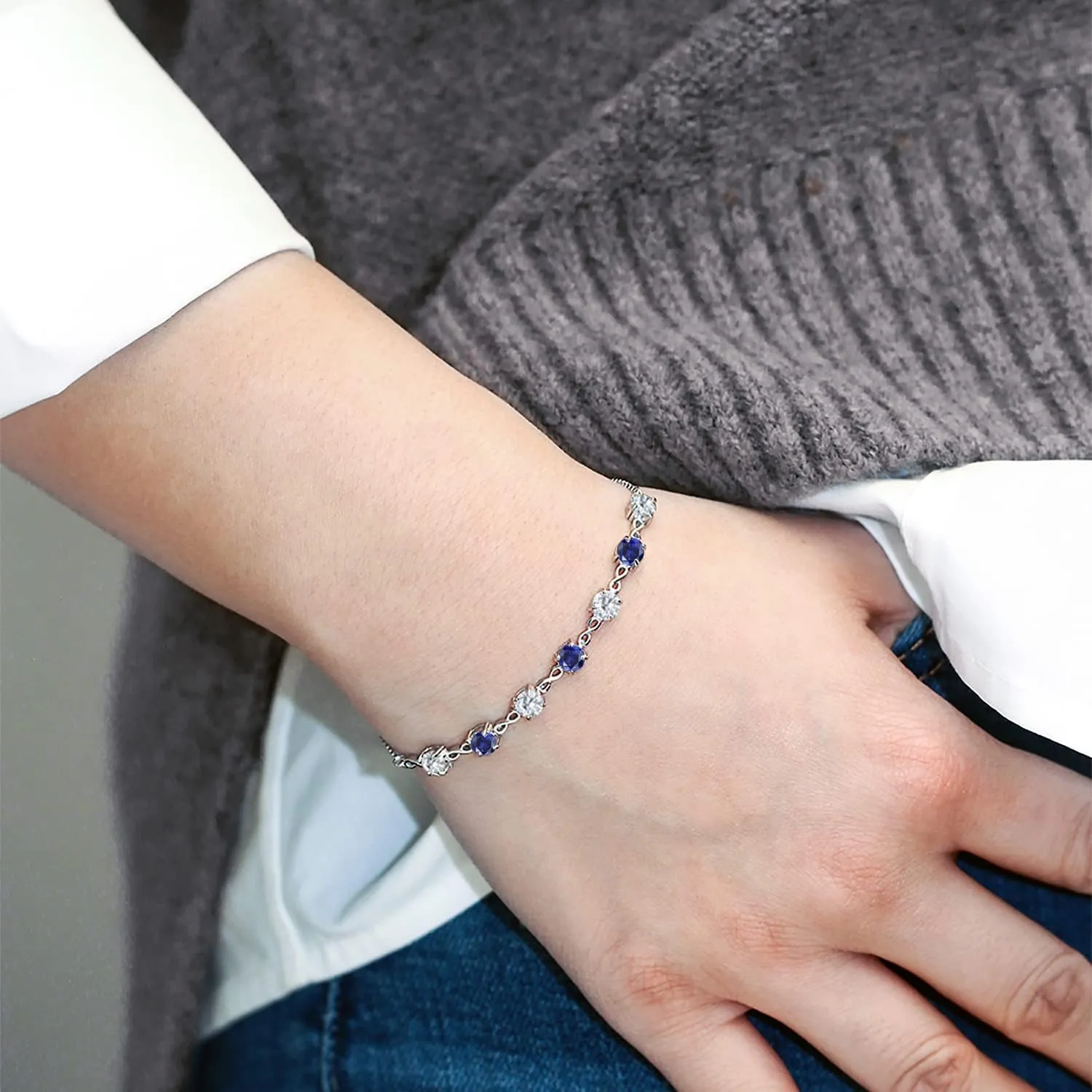 Gem Stone King 4.5MM Round Gemstone Birthstone and White Moissanite Infinity Tennis Bracelet for Women | 925 Sterling Silver | Fully Adjustable to 9 Inch | Fine Jewelry for Her Mom Wife