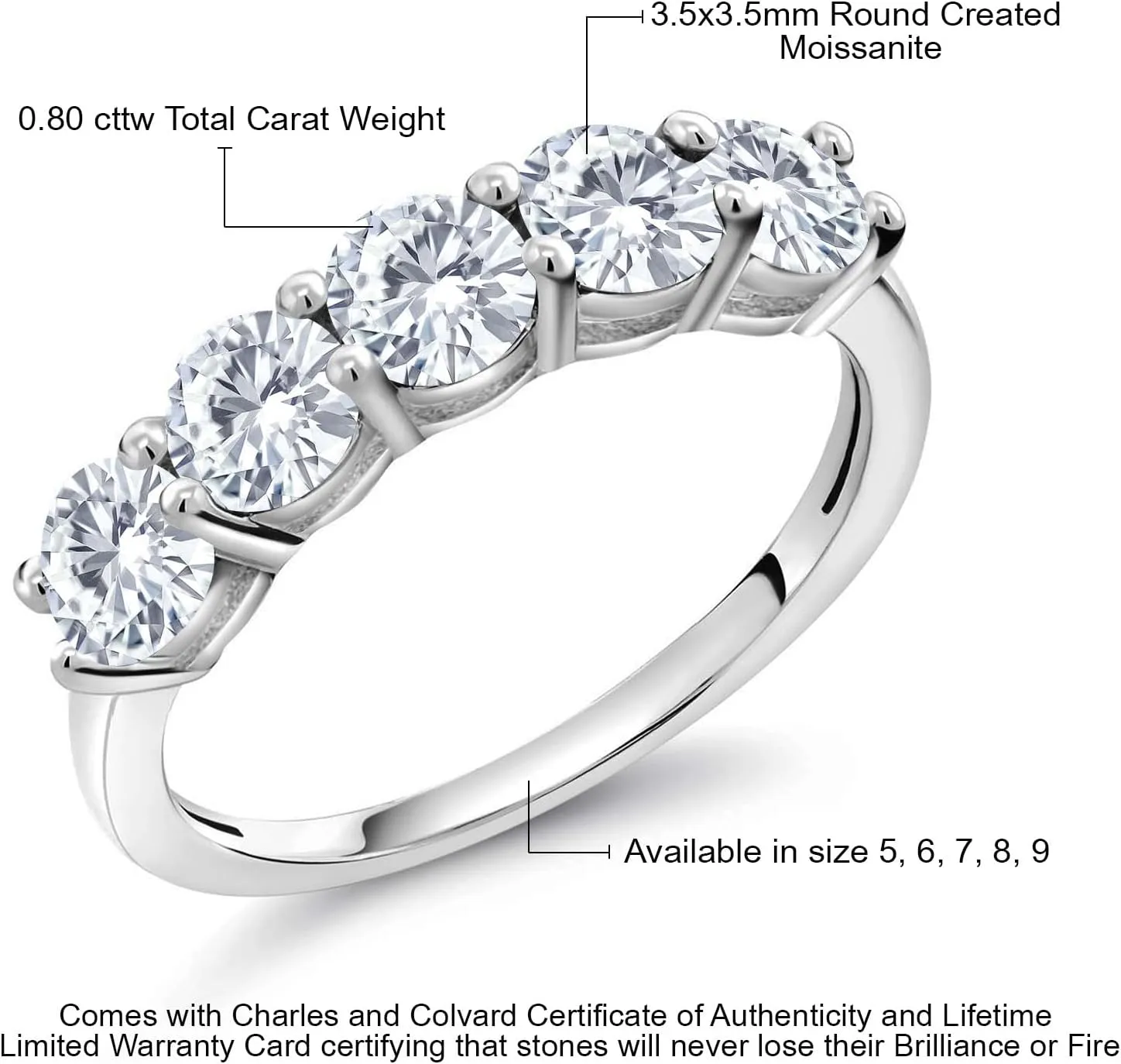 Gem Stone King 925 Sterling Silver 5-Stone Gemstone Birthstone Wedding Band Ring for Women | Round 3.5MM | Stackable Engagement Anniversary Promise Ring | Fine Jewelry for Her Mom Wife | Sizes 5-9