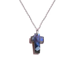 Genuine Labradorite Pendant Small Cross, Unisex 925 Sterling Silver 18 Inch Chain, Stone 10x16mm, Handmade Religious Spiritual Gift for Women and Men (labradorite)