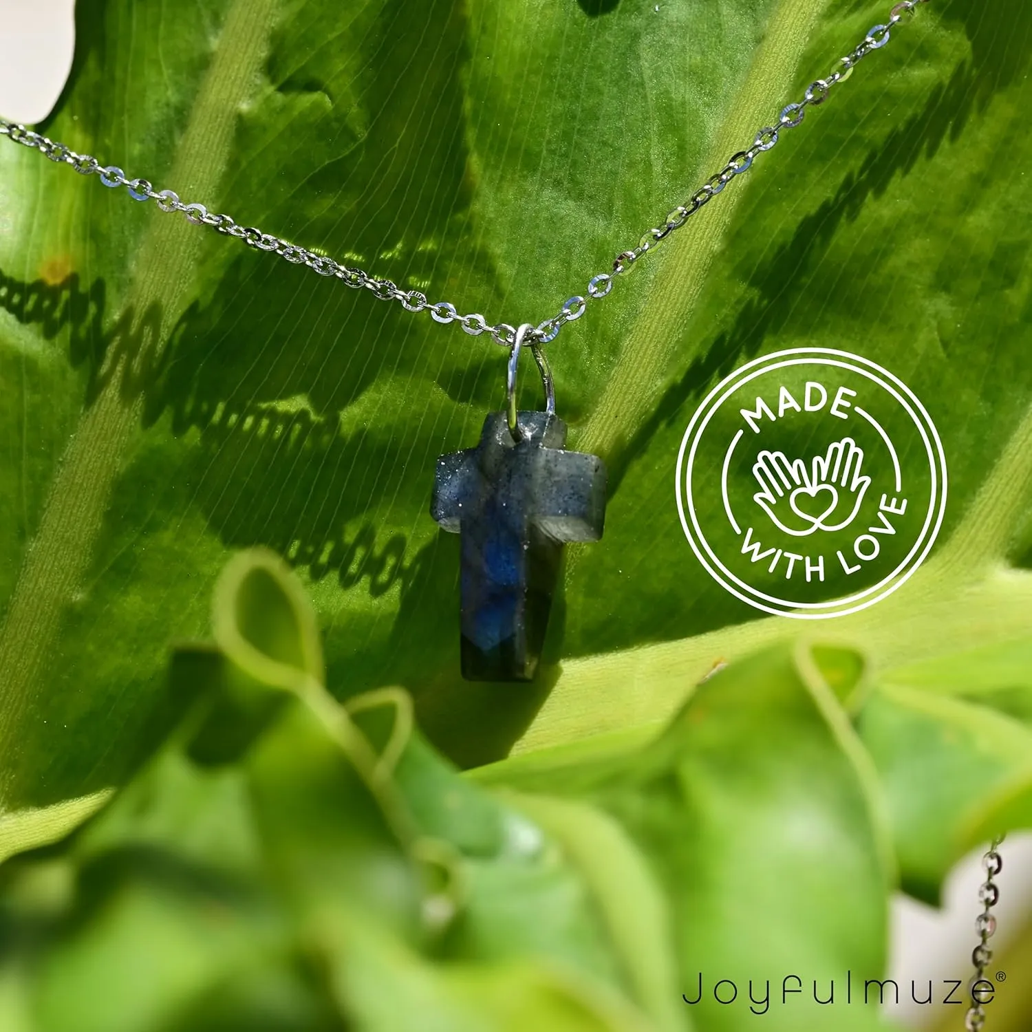 Genuine Labradorite Pendant Small Cross, Unisex 925 Sterling Silver 18 Inch Chain, Stone 10x16mm, Handmade Religious Spiritual Gift for Women and Men (labradorite)