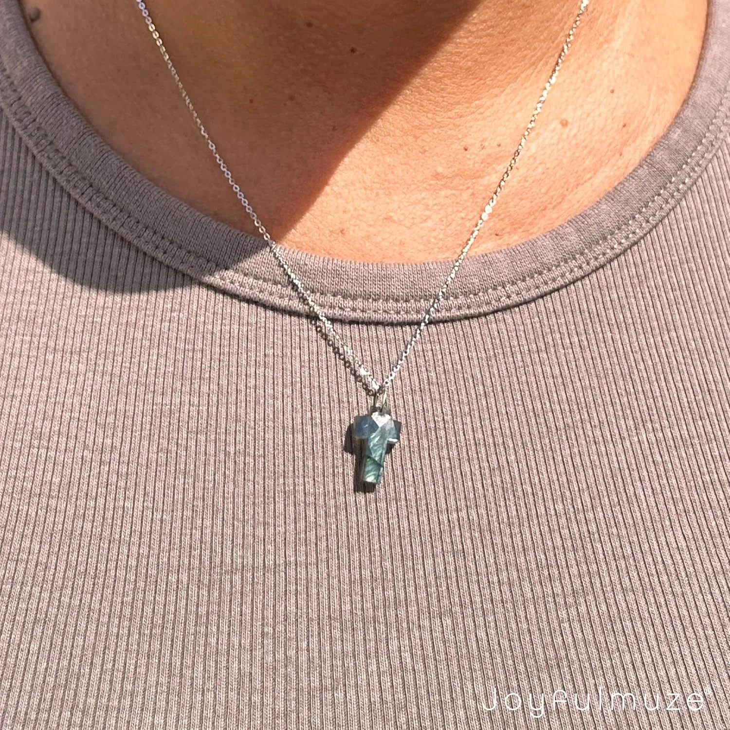 Genuine Labradorite Pendant Small Cross, Unisex 925 Sterling Silver 18 Inch Chain, Stone 10x16mm, Handmade Religious Spiritual Gift for Women and Men (labradorite)