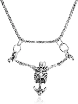 GIGB PBDK Gothic Silver Captivity Skull Necklace for Men Women,Horror Big Skeleton Pendant Box Chain Necklace Grunge Accessory,Modern Punk Halloween Jewelry